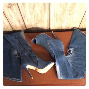 Thigh high blue jean heels